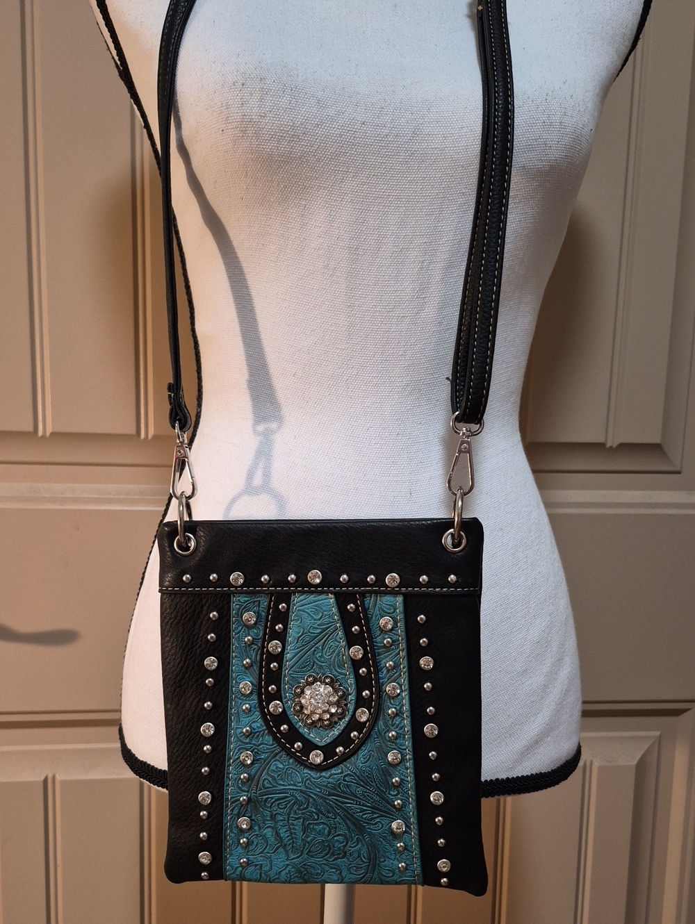 Western Black Teal Studded Crossbody Bag Embossed Panel